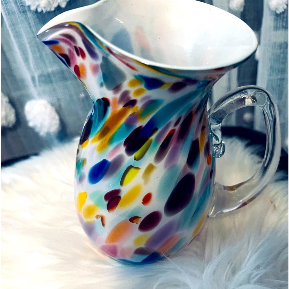 R. Foster hand blown glass confetti Art pitcher signed dated and has Pontil 14x8